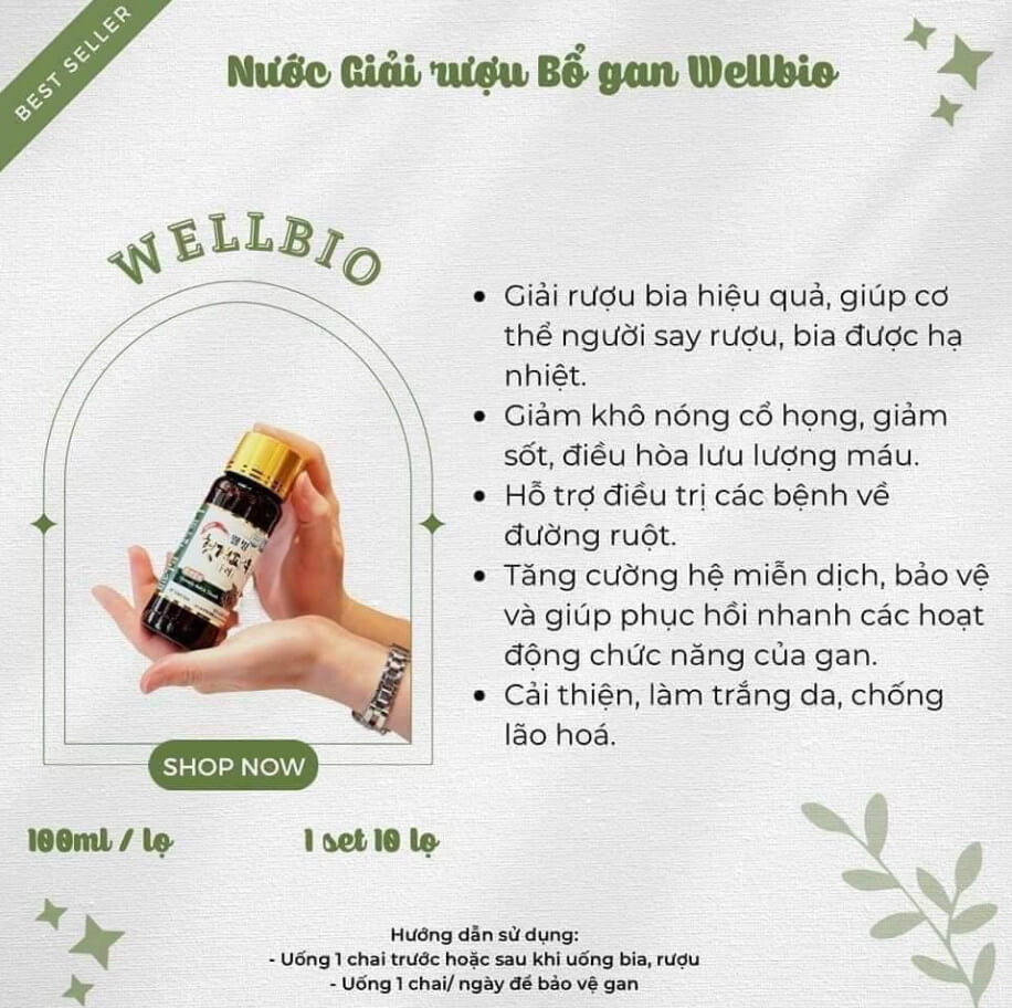 Cộng dụng Nước giải rượu bổ gan Wellbio Hàn Quốc, hộp 10 chai Cộng dụng Nước giải rượu bổ gan Wellbio Hàn Quốc, hộp 10 chai