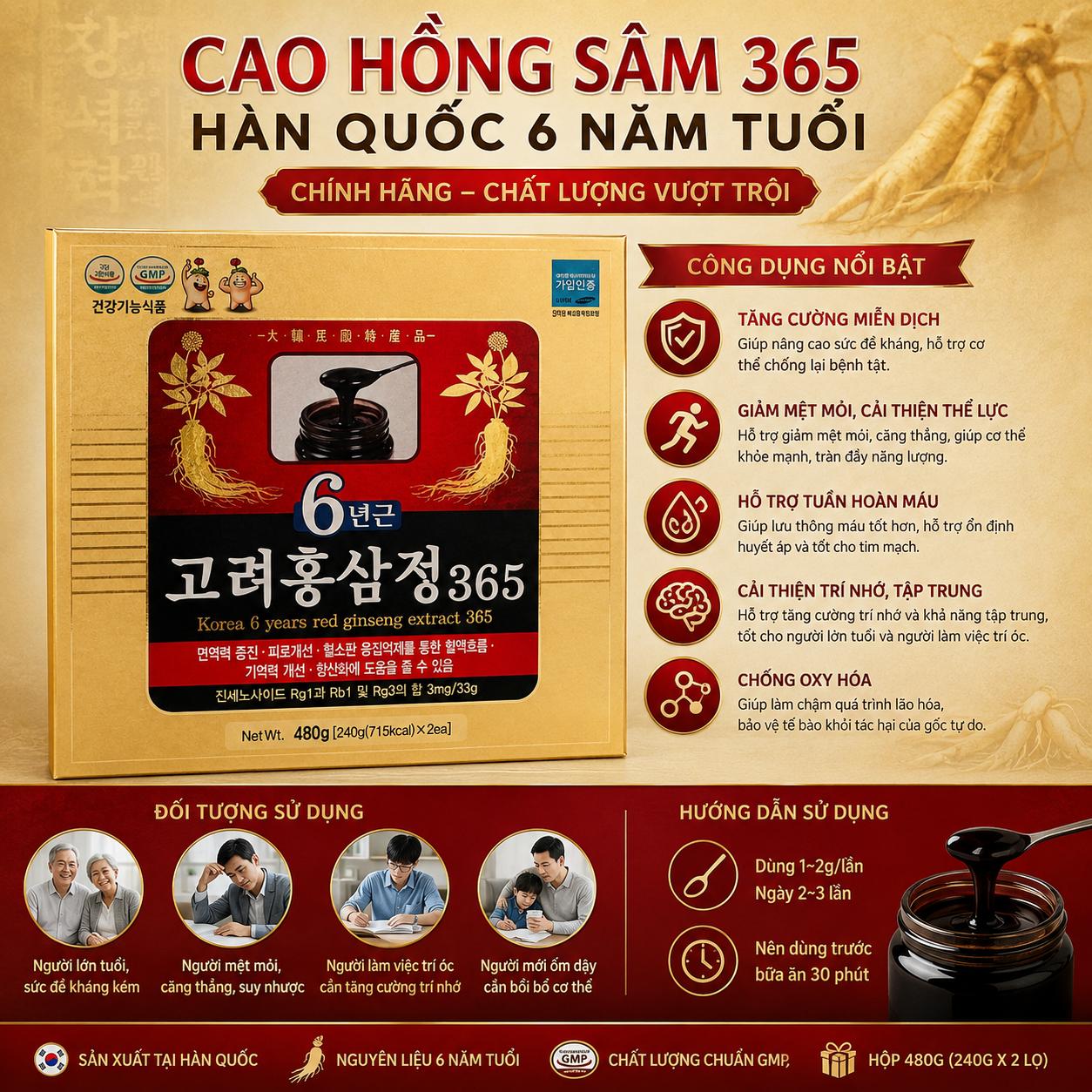Cao Hồng Sâm 365 Hàn Quốc 6 Năm Tuổi 480g Chính Hãng Cao Hồng Sâm 365 Hàn Quốc 6 Năm Tuổi 480g Chính Hãng