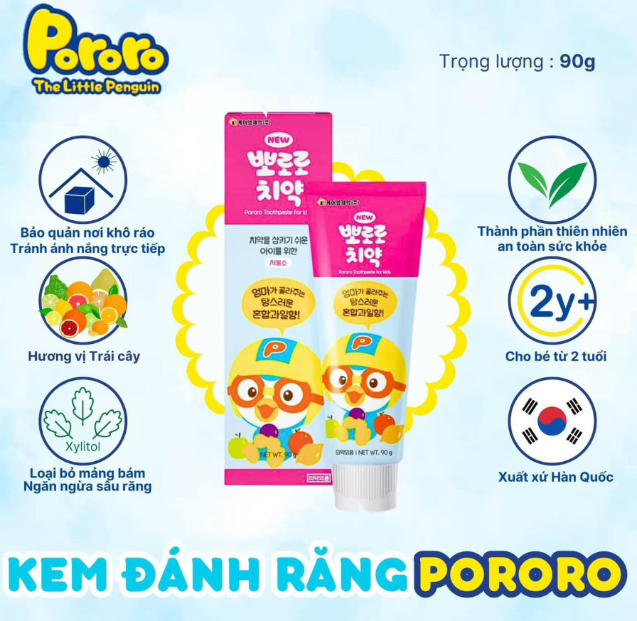 Kem đánh răng trẻ em Pororo vị trái cây 90 g Hàn Quốc Kem đánh răng trẻ em Pororo vị trái cây 90 g Hàn Quốc