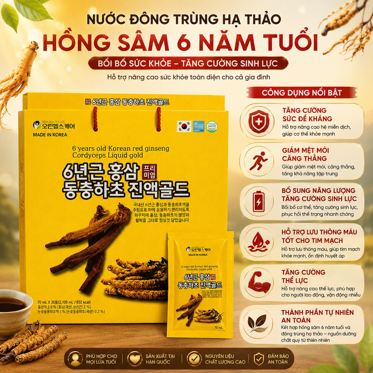 Nước Hồng sâm Đông trùng 6 Years Old Korean Red Ginseng Cordyceps Liquid Gold Nước Hồng sâm Đông trùng 6 Years Old Korean Red Ginseng Cordyceps Liquid Gold