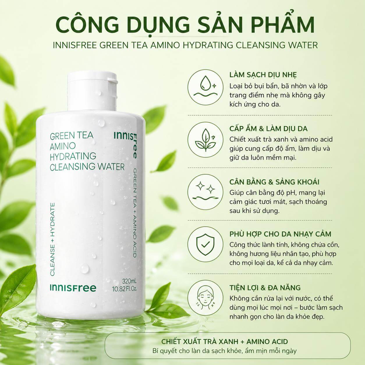 Nước Tẩy Trang Innisfree Green Tea Amino Hydrating Cleansing Water 320ml