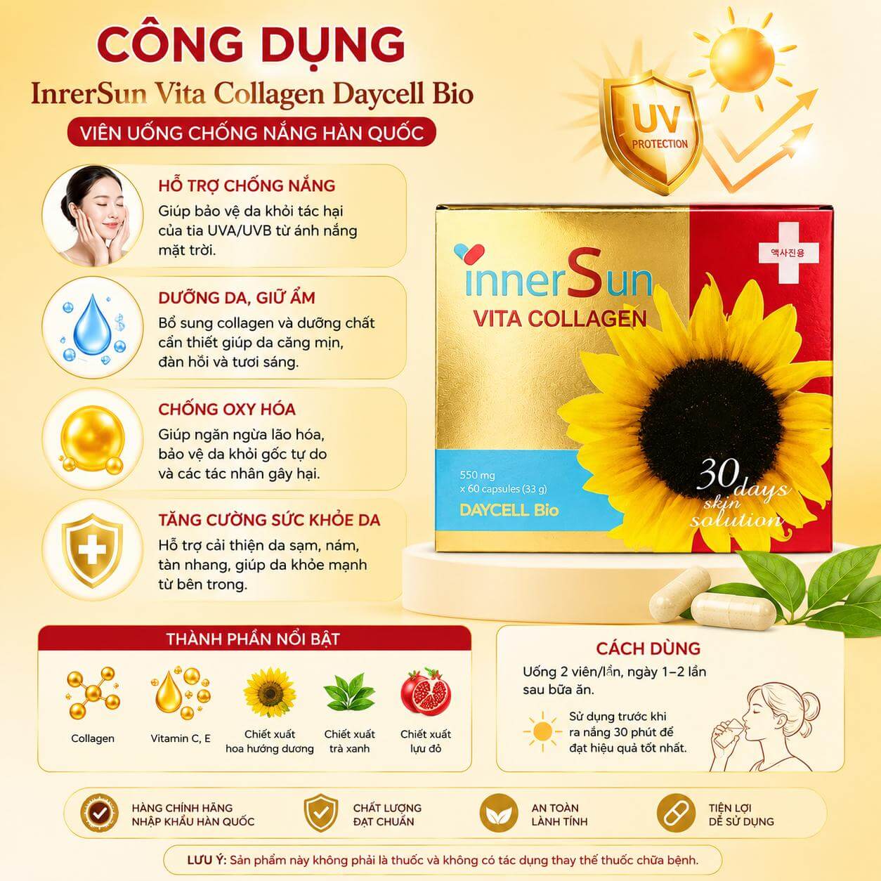 Viên Uống Chống Nắng InnerSun Vita Collagen Daycell Bio 60 Viên Hàn Quốc Viên Uống Chống Nắng InnerSun Vita Collagen Daycell Bio 60 Viên Hàn Quốc