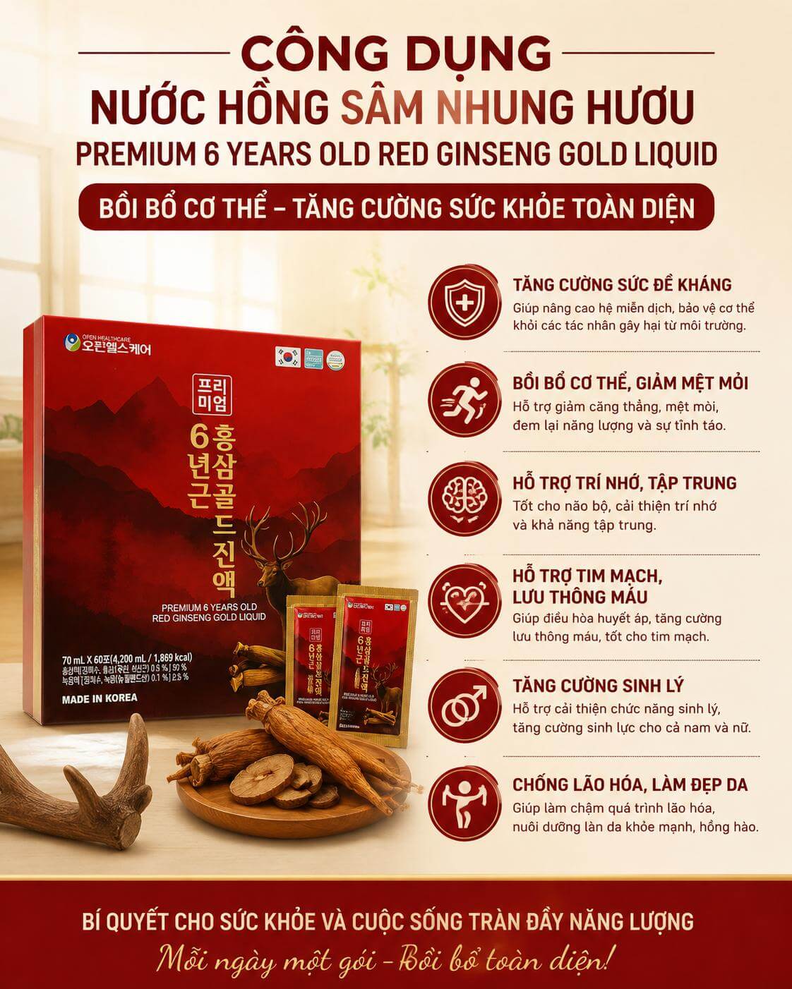 Nước Hồng Sâm Nhung Hươu Premium 6 Years Old Red Ginseng Gold Liquid Nước Hồng Sâm Nhung Hươu Premium 6 Years Old Red Ginseng Gold Liquid