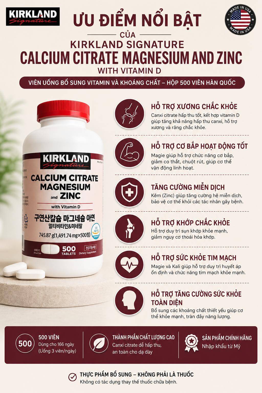 Viên uống bổ sung vitamin và khoáng chất Kirkland Signature Calcium Citrate Magnesium and Zinc with Vitamin D – Hộp 500 Viên Hàn Quốc Viên uống bổ sung vitamin và khoáng chất Kirkland Signature Calcium Citrate Magnesium and Zinc with Vitamin D – Hộp 500 Viên Hàn Quốc